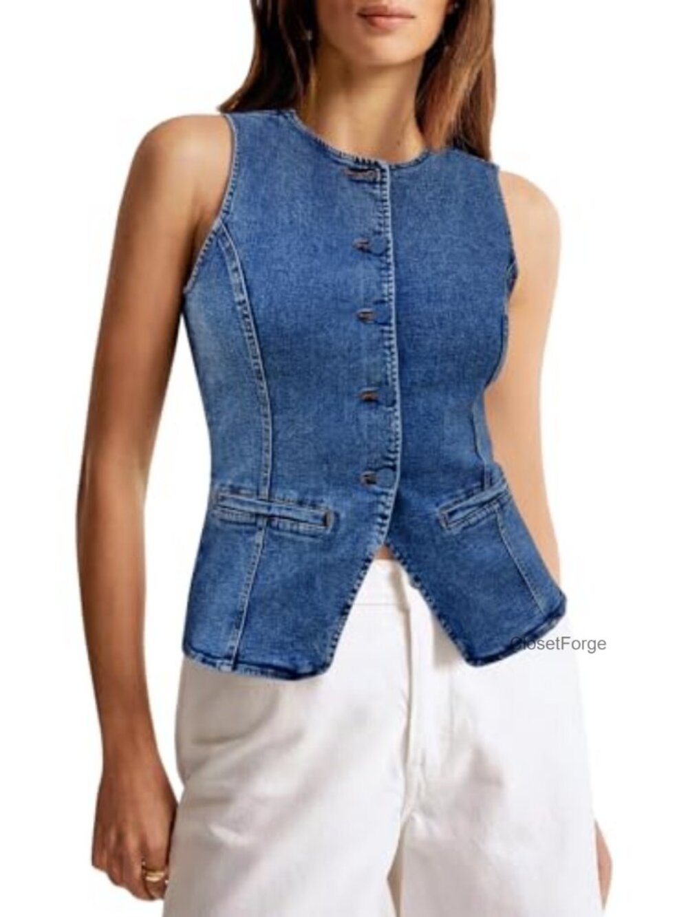 Button Down Denim Vest Sleeveless Fitted Jean Shirt Stretchy Crew Neck Summer